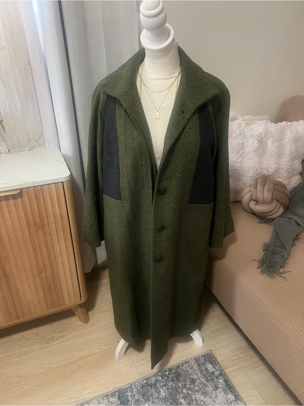Women’s Olive Green Herringbone Overcoat with Contrast Pockets